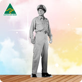 Cardboard cutout of a man in a uniform with 'Australian Made' logo on a colorful background